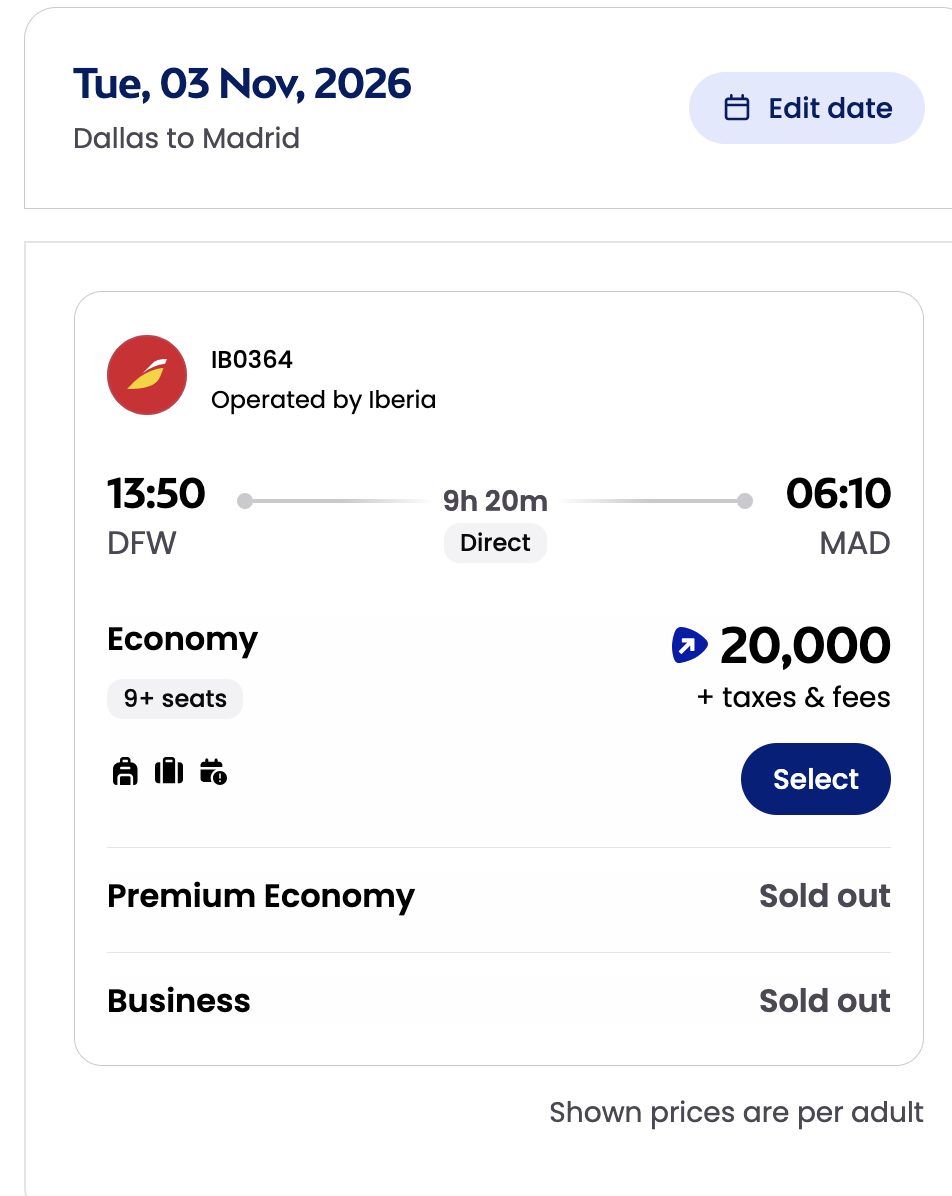 avios.com reward flight search, Dallas to Madrid, Tuesday November 3, 2026: Iberia IB0364 nonstop, economy 20,000 Avios plus taxes and fees, 9 or more seats