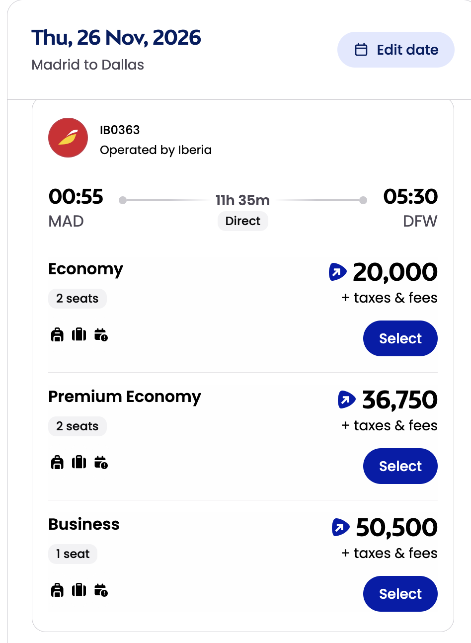 avios.com reward flight search, Madrid to Dallas, Thursday November 26, 2026: Iberia IB0363 nonstop, economy 20,000 Avios with 2 seats, premium economy 36,750 with 2 seats, business 50,500 with 1 seat