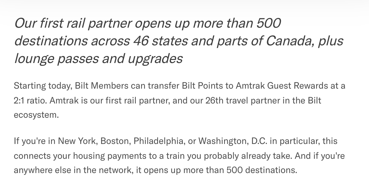 Bilt newsroom, September 23, 2026: starting today, Bilt Members can transfer Bilt Points to Amtrak Guest Rewards at a 2:1 ratio; Amtrak is Bilt's first rail partner and 26th travel partner