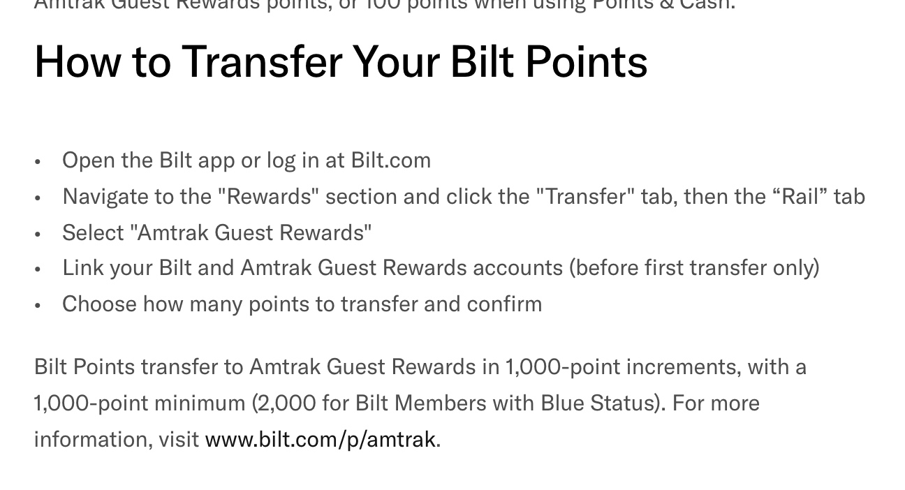 Bilt newsroom, How to Transfer Your Bilt Points: open the Bilt app, go to Rewards, the Transfer tab and the Rail tab, select Amtrak Guest Rewards, link accounts before the first transfer, choose the amount and confirm; 1,000-point increments with a 1,000-point minimum, 2,000 for Blue