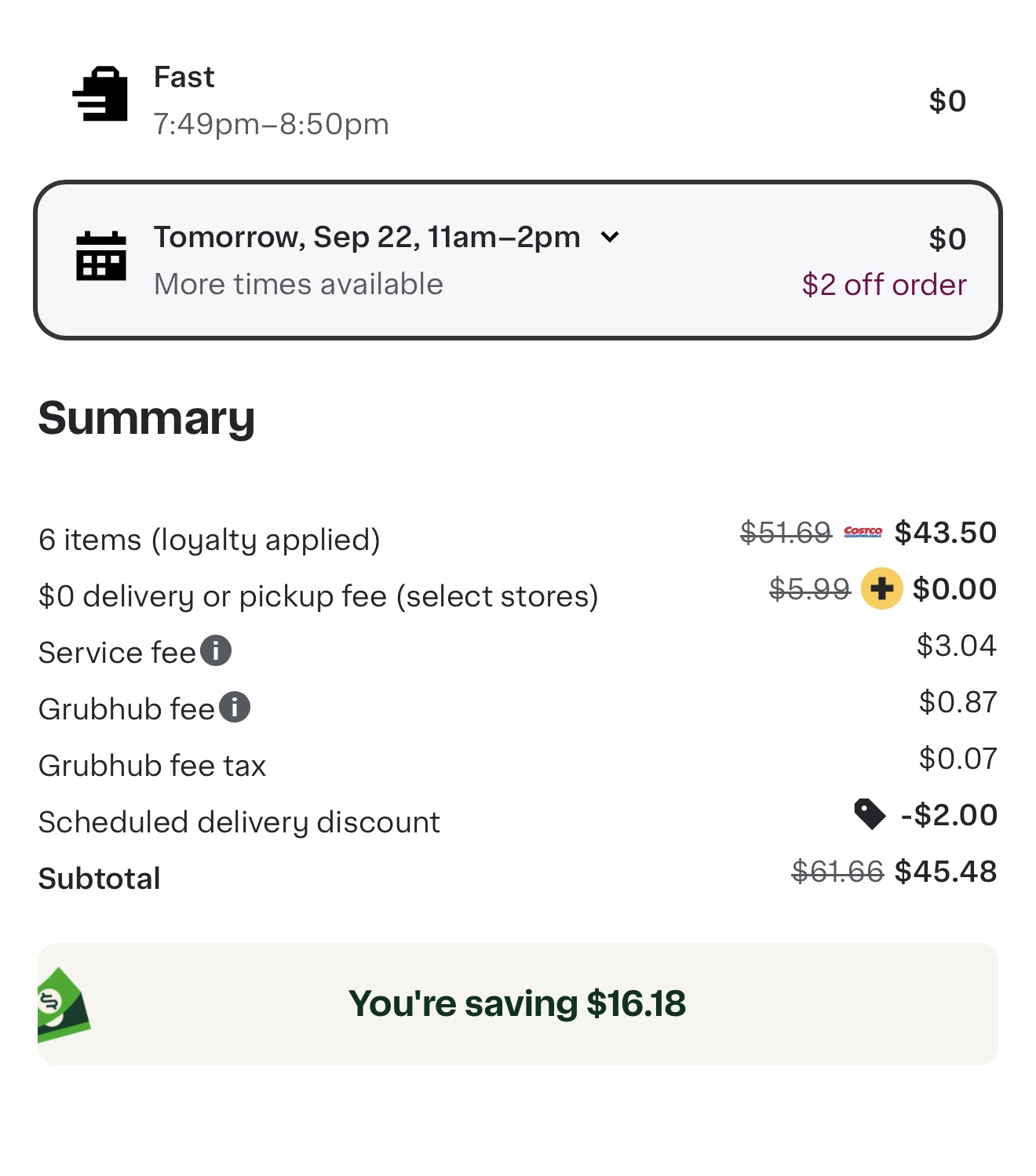 Grubhub checkout for a six-item Costco cart: items $51.69 reduced to $43.50 with loyalty applied, $0 delivery fee with Grubhub+, $3.04 service fee, $0.87 Grubhub fee, $2.00 scheduled delivery discount, subtotal $45.48