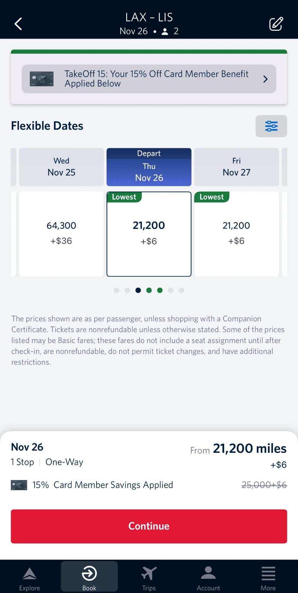 Delta app flexible-dates grid for Los Angeles to Lisbon: Wednesday November 25 at 64,300 miles plus $36, Thursday November 26 and Friday November 27 at 21,200 miles plus $6, marked Lowest, with the 15% card member savings applied