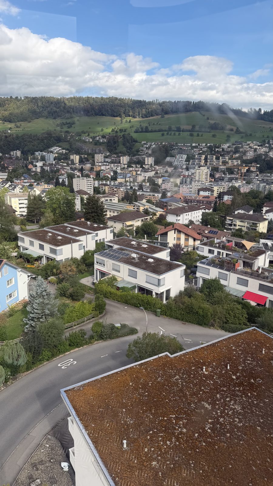 Houses and green hillside below the gondola on the descent into Kriens