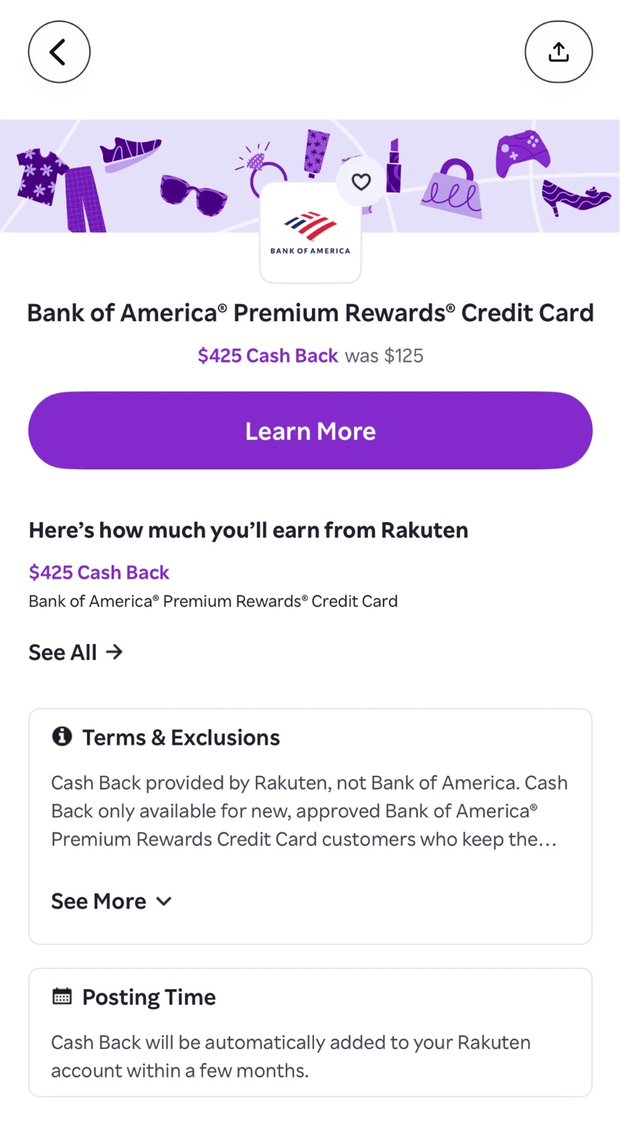 The Rakuten app on October 7, 2026: Bank of America Premium Rewards Credit Card, $425 Cash Back, was $125, with Rakuten's terms and posting time below it
