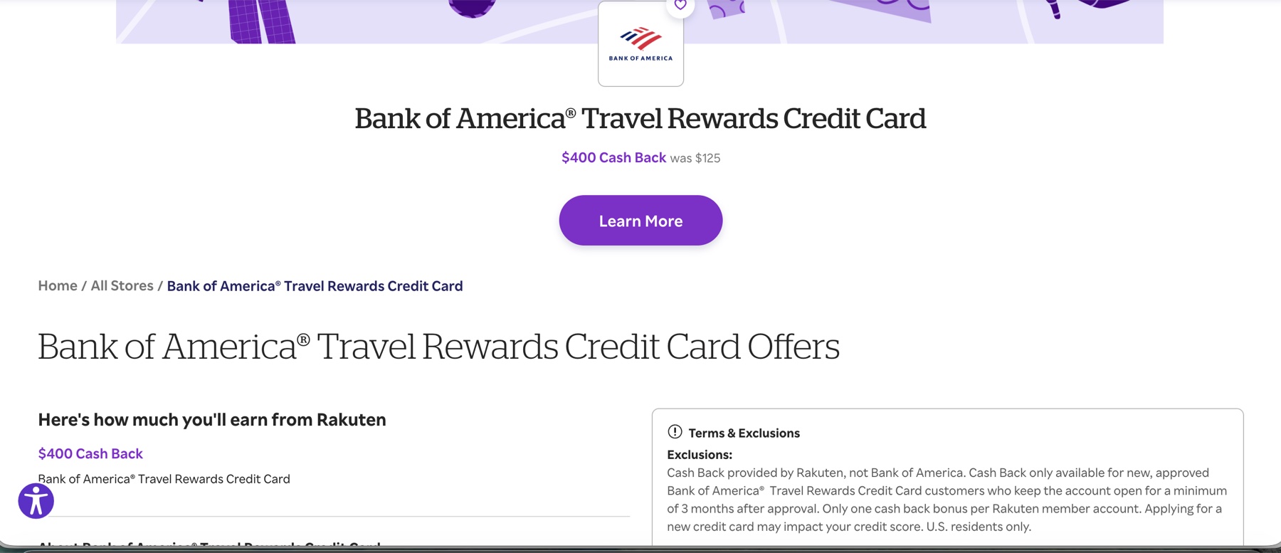 Rakuten store page for the Bank of America Travel Rewards Credit Card showing $400 Cash Back, was $125, next to the Terms & Exclusions panel