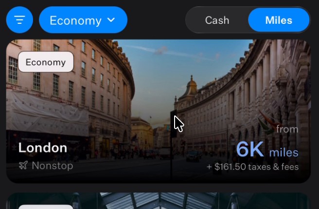 Rove's London tile: economy, nonstop, from 6K miles plus $161.50 taxes and fees
