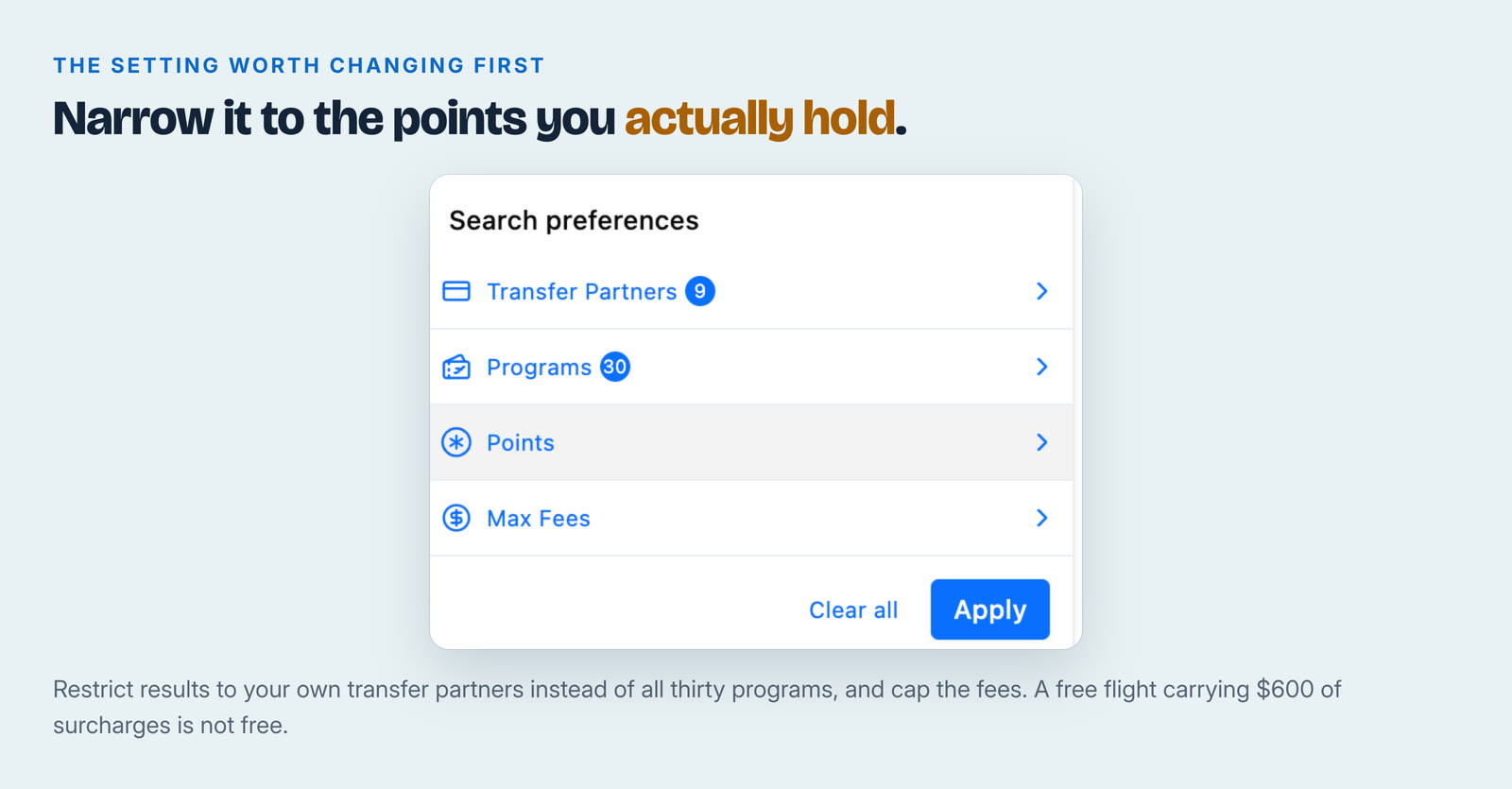 The extension's search preferences panel, with filters for Transfer Partners set to 9, Programs set to 30, plus Points and Max Fees
