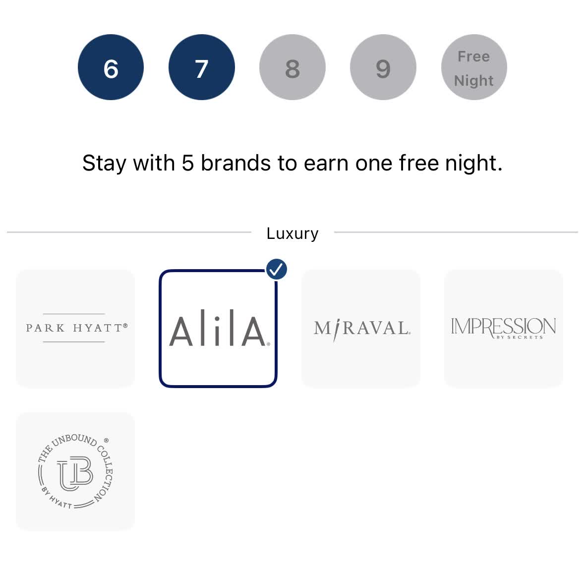 A World of Hyatt Brand Explorer tracker on its second cycle: brands six and seven complete, with the next free night waiting at ten