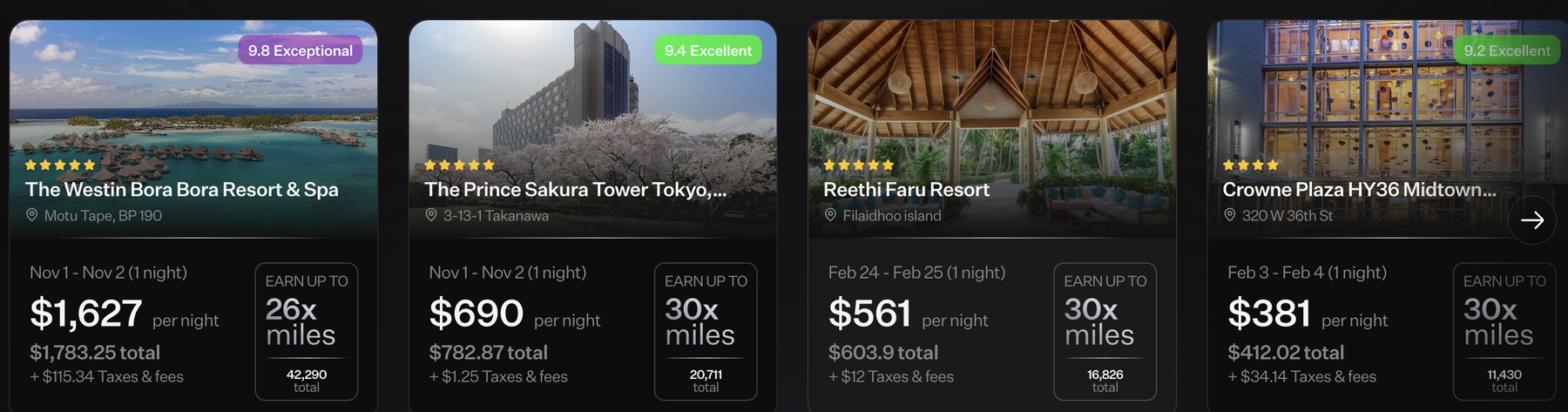 Rove app screens showing luxury properties: Westin Bora Bora at 26x miles, The Prince Sakura Tower Tokyo at 30x, Reethi Faru Resort at 30x, and Crowne Plaza HY36 at 30x