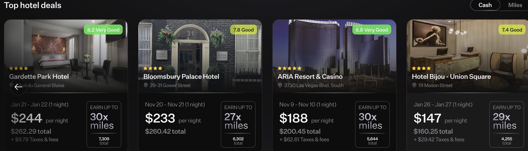 Rove app screens showing top hotel deals: Gardette Park Hotel at 30x miles, Bloomsbury Palace at 27x, ARIA Resort and Casino at 30x, and Hotel Bijou at 29x